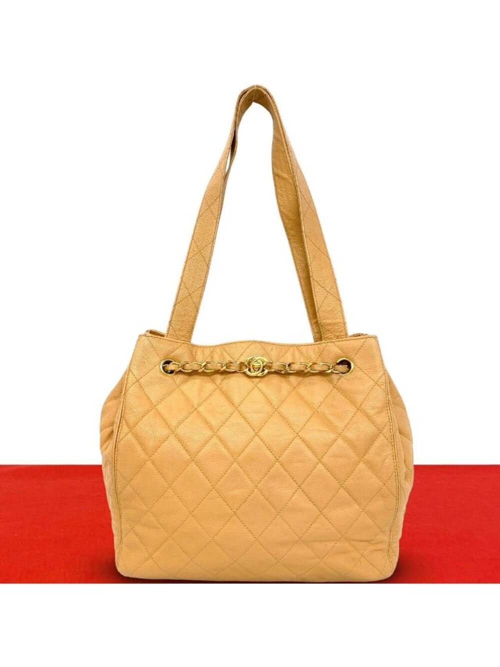 Chanel Quilted CC Logo Caviar Leather Tote Bag Beige